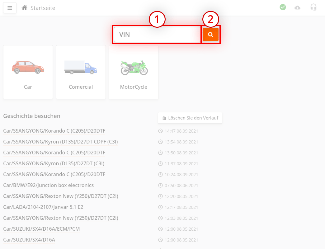 VIN- oder KBA-Nummer eingeben